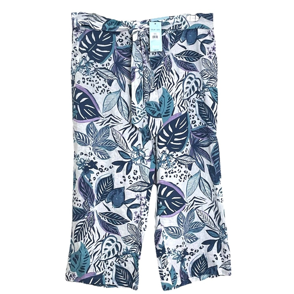 NWT Blue Sol Wide Leg Crop Pants L Blue Leaf Print Linen Blend Elastic Tie Waist
